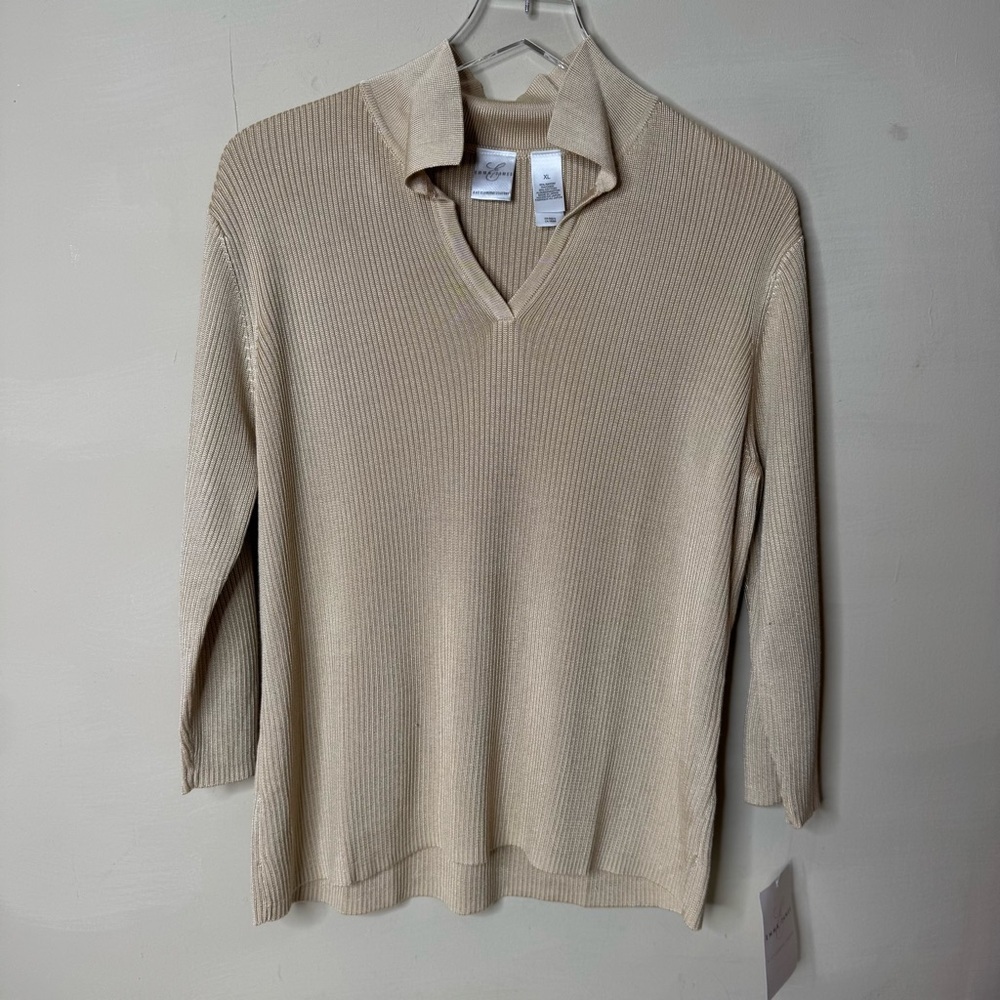 Emma James Ribbed Knit Sweater Sz XL Tan Black Trim V-Neck collar Pullover Fall